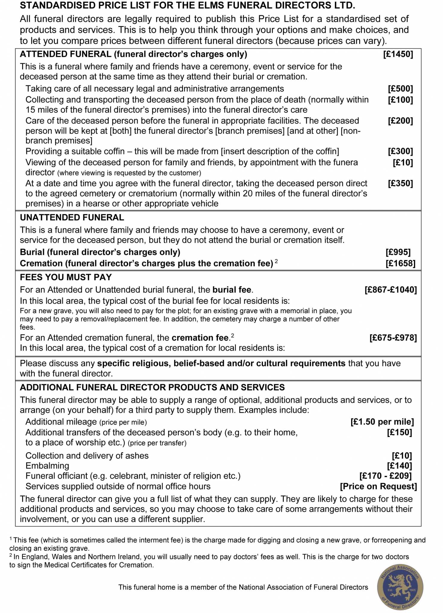 Standardised price list for The Elms Funeral Directors Ltd The Elms